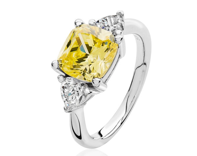 Rhodium Plated 925 Sterling Silver Claw Set Yellow Cushion & Heart Cut cz Engagement Ring