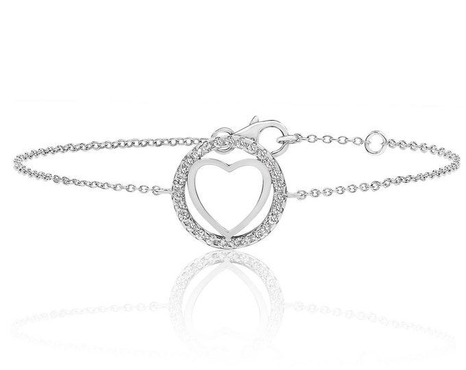 925 Sterling Silver Circle of Life Cz 7" Heart Bracelet Rhodium Plated