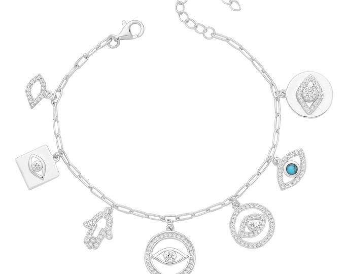 925 Sterling Silver 7 Charm Evil Eyes 7.5" Bracelet Rhodium Plated