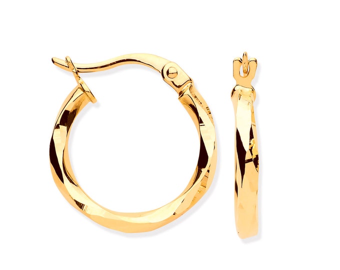 9ct Yellow Gold 15mm Faceted Hollow Hoop Earrings - Real 9K Gold