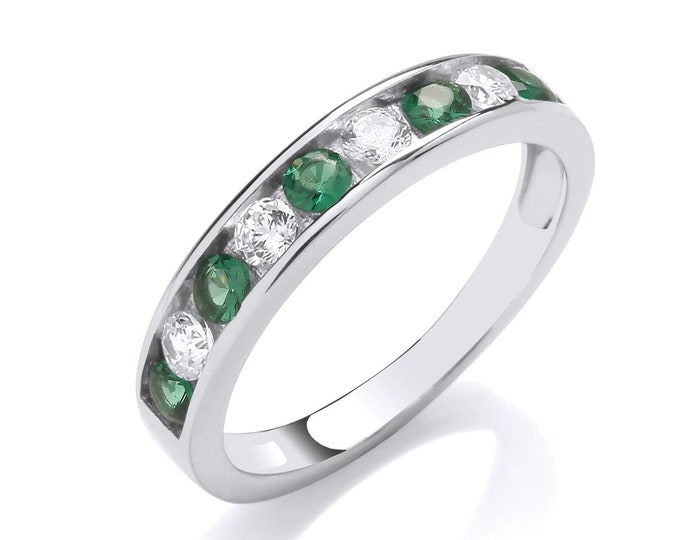 925 Sterling Silver 3mm Half Eternity Emerald Cz Channel Set Eternity Ring Rhodium Plated