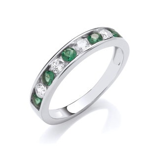 925 Sterling Silver 3mm Half Eternity Emerald Cz Channel Set Eternity Ring Rhodium Plated