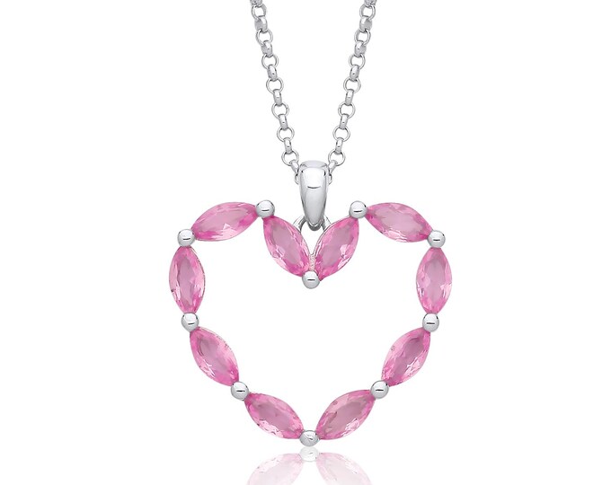 Pink Marquise Cut Cz Heart 16"- 17" Necklace Rhodium Plated 925 Sterling Silver