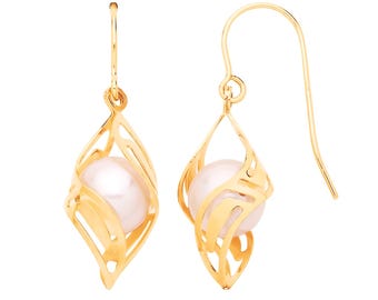 9ct Yellow Gold 2.7cm Spiral Fish Hook Drop Earrings With Fresh Water Pearls - Solid 9K Gold