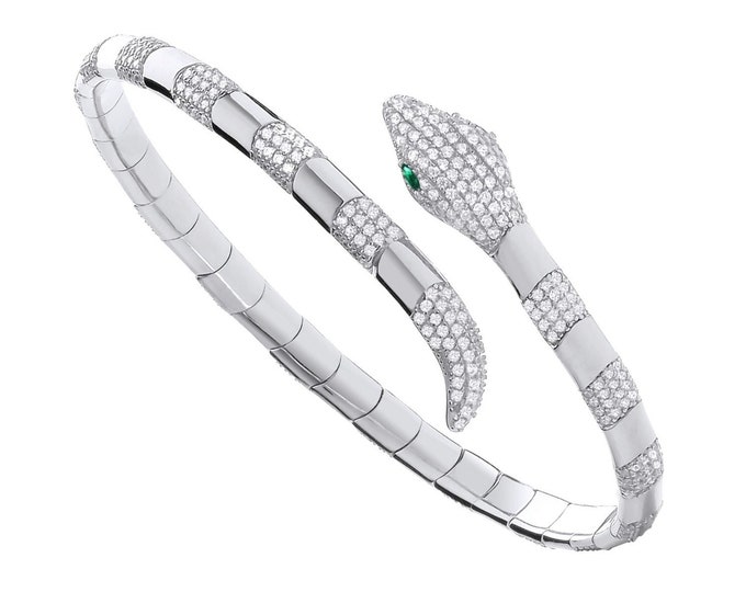 Ladies 925 Sterling Silver Snake Bangle Pave Set With Cubic Zirconia Stones