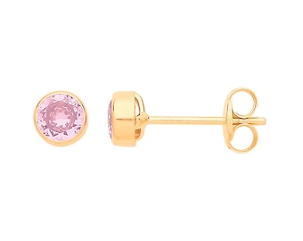 Pair of 9ct Yellow Gold 4mm Bezel Set Pink Cz Stud Earrings - Real 9K Gold