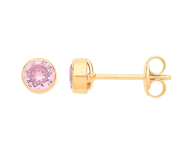 Pair of 9ct Yellow Gold 4mm Bezel Set Pink Cz Stud Earrings - Real 9K Gold