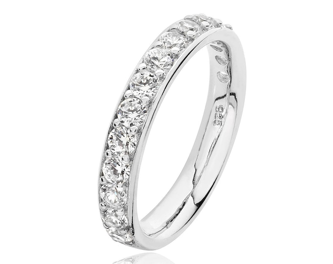 925 Sterling Silver 3.5mm Half Eternity Cz Grain Set Eternity Ring Rhodium Plated
