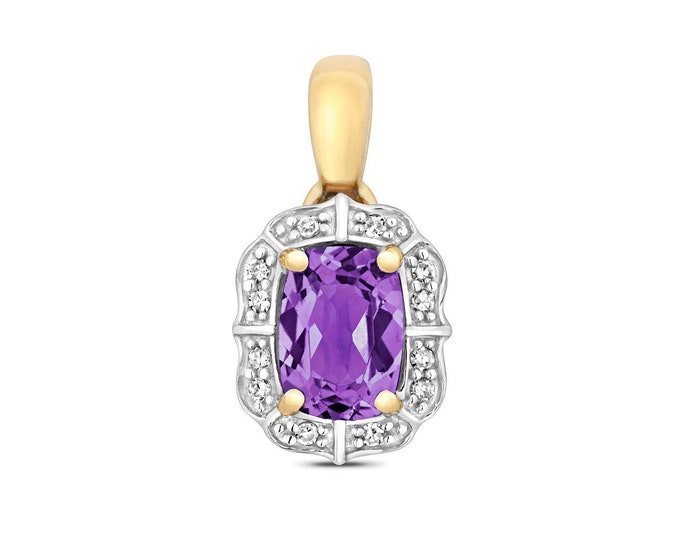 9ct Gold Vintage Design 7x5mm Cushion Cut Amethyst & Pave Diamond Pendant - Real 9K Gold