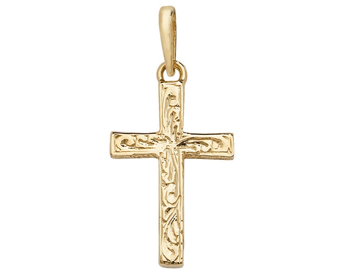 Solid 9ct Yellow Gold 20x15mm Embossed Scroll Pattern Cross Pendant Necklace Hallmarked - Real 9K Gold