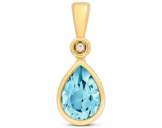 9ct Yellow Gold & Diamond 7x5mm Pear Cut Swiss Blue Topaz Pendant - Real 9K Gold