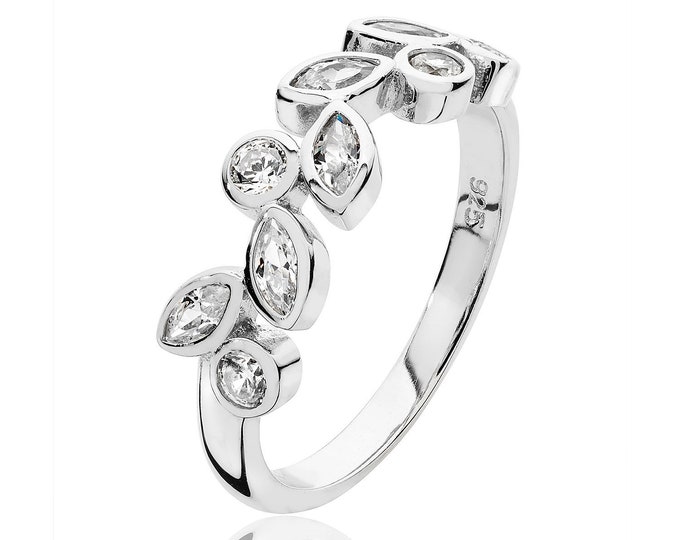 925 Sterling Silver Marquise & Round Cz Wreath Design Ring Rhodium Plated