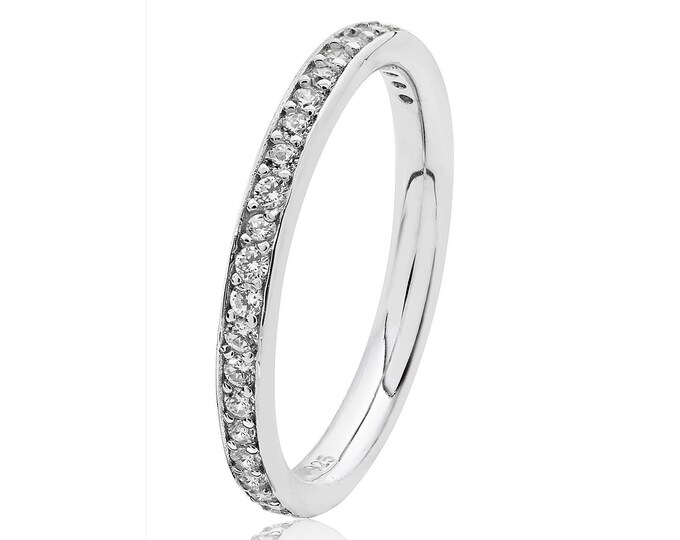 925 Sterling Silver 2.4mm Half Eternity Cz Grain Set Eternity Ring Rhodium Plated