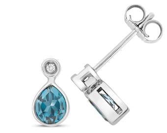 9ct Gold Diamond & Pear Cut 5x4mm London Blue Topaz Stud Earrings - Real 9K Gold