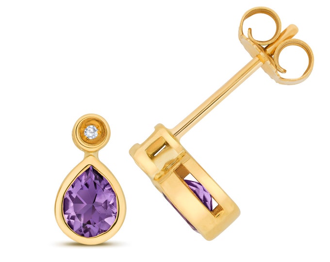 9ct Gold Diamond & Pear Cut 5x4mm Purple Amethyst Stud Earrings - Real 9K Gold