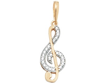 9ct Yellow Gold Pave Cz Treble Clef Music Note Pendant Hallmarked - Real 9K Gold