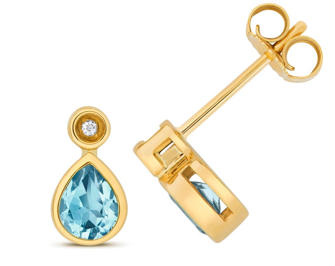9ct Gold Diamond & Pear Cut 5x4mm Swiss Blue Topaz Stud Earrings - Real 9K Gold