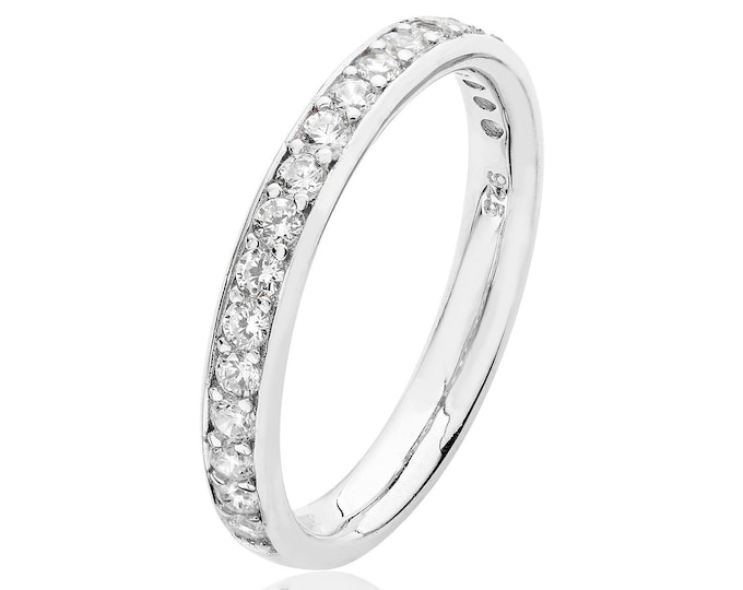 925 Sterling Silver 2.9mm Half Eternity Cz Grain Set Eternity Ring Rhodium Plated