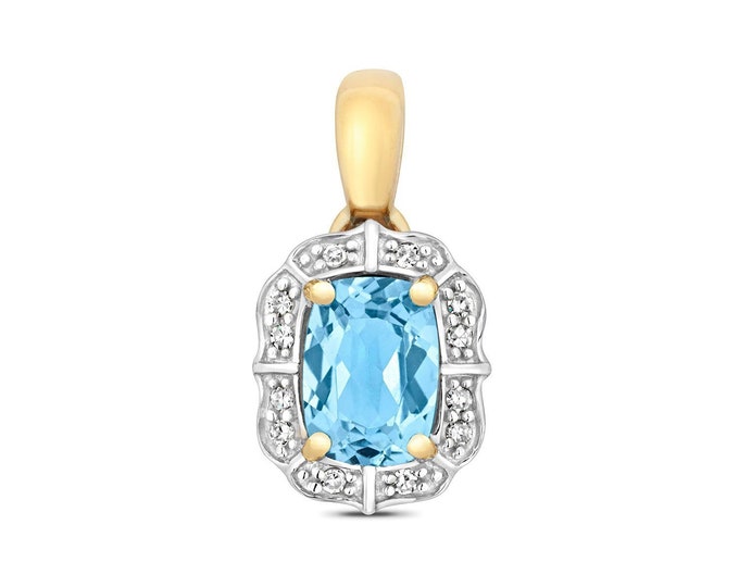 9ct Gold Vintage Design 7x5mm Cushion Cut Light Swiss Blue Topaz & Pave Diamond Pendant - Real 9K Gold