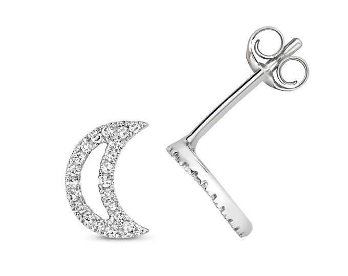 9ct White Gold 0.07ct HSI Diamond 7x5mm Crescent Moon Stud Earrings - Real 9K Gold
