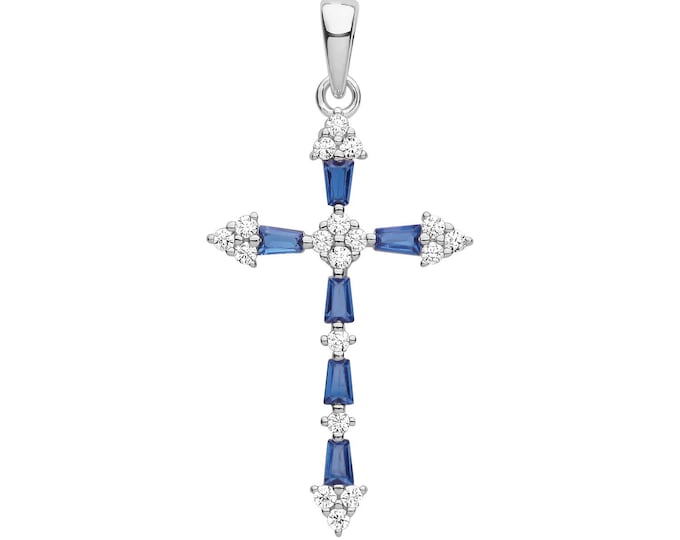 925 Sterling Silver Sapphire Blue Baguette & Round Cz Fancy Cross Pendant 3.4 H x 1.9cm W