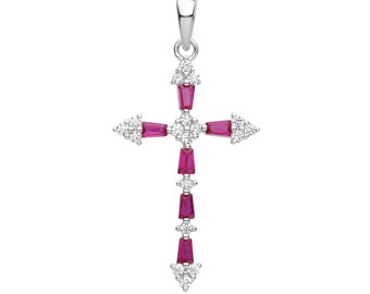 925 Sterling Silver Ruby Red Baguette & Round Cz Fancy Cross Pendant 3.4 H x 1.9cm W