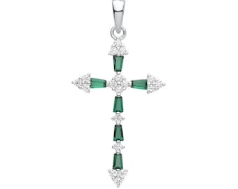 925 Sterling Silver Emerald Green Baguette & Round Cz Fancy Cross Pendant 3.4 H x 1.9cm W