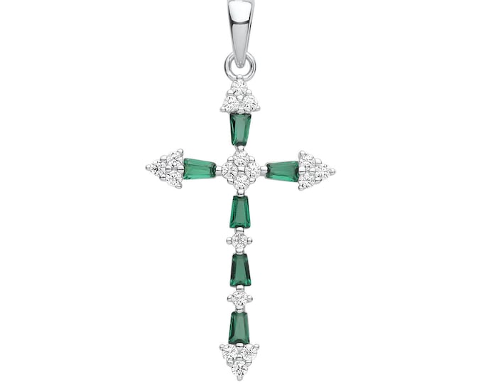 925 Sterling Silver Emerald Green Baguette & Round Cz Fancy Cross Pendant 3.4 H x 1.9cm W