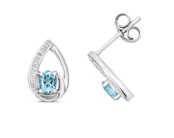 9ct White Gold & Diamond 9x6mm Pear Cut 0.29ct Aquamarine Stud Earrings - Real 9K Gold