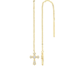 9ct Yellow Gold Cz Cross Threader Chain Long Drop Earrings - Real 9K Gold