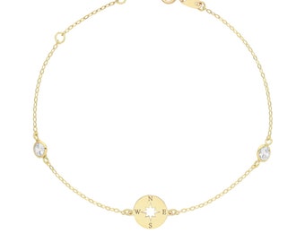 9ct Yellow Gold Bezel Cz Compass Disc 7" Lightweight Bracelet - Real 9K Gold
