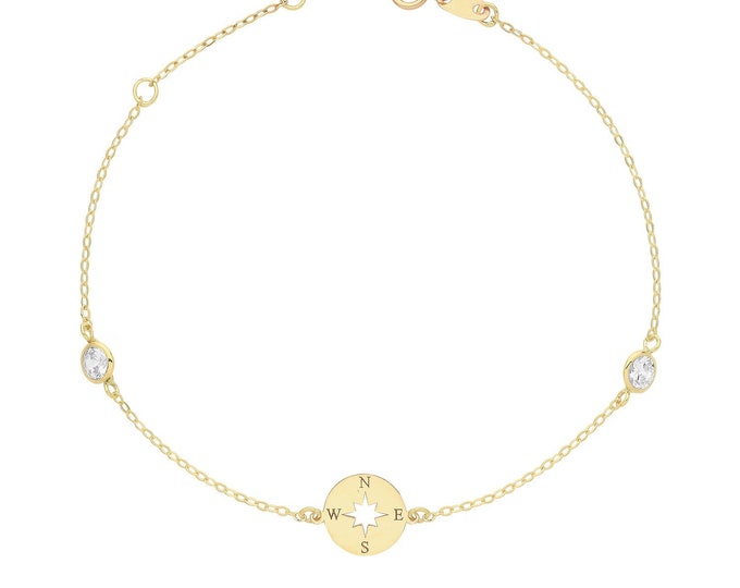 9ct Yellow Gold Bezel Cz Compass Disc 7" Lightweight Bracelet - Real 9K Gold