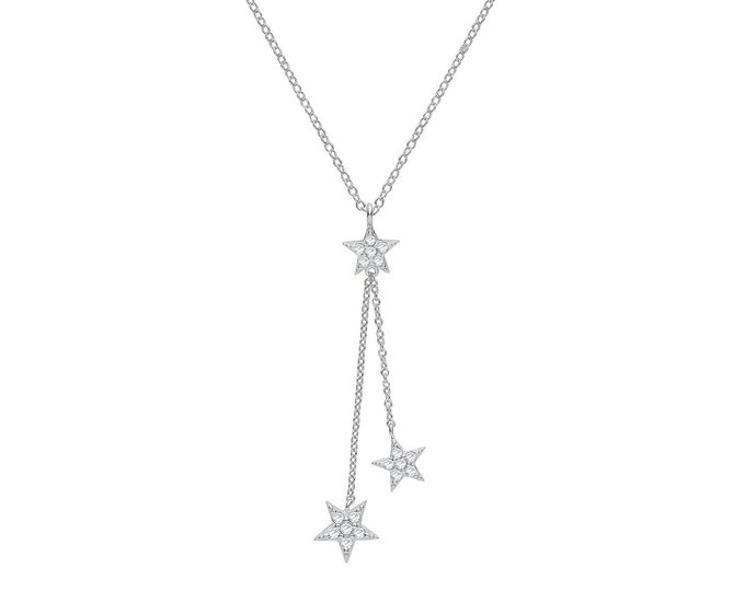 925 Sterling Silver Interstellar Cz Triple Star Charm 16"-18" Lariat Necklace