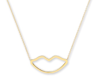 9ct Yellow Gold Cut Out Lips Pendant on Adjustable 16"-18" Rolo Chain Necklace- Solid 9K Gold