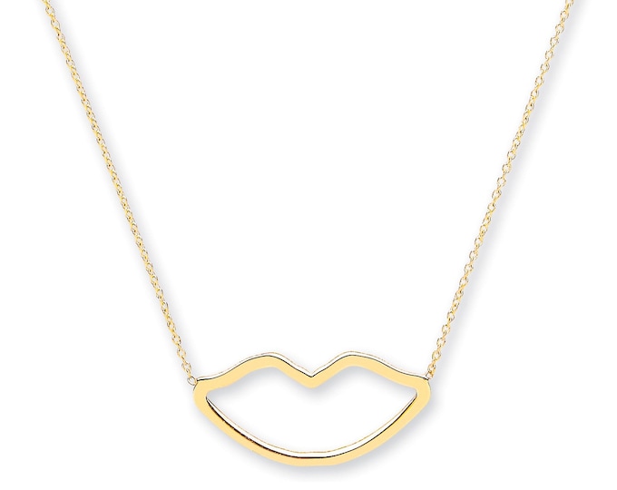 9ct Yellow Gold Cut Out Lips Pendant on Adjustable 16"-18" Rolo Chain Necklace- Solid 9K Gold