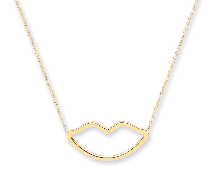 9ct Yellow Gold Cut Out Lips Pendant on Adjustable 16"-18" Rolo Chain Necklace- Solid 9K Gold