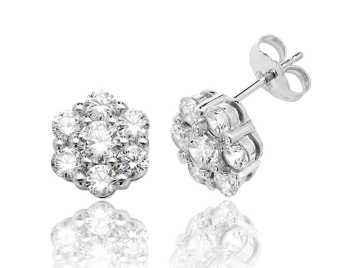 Look of Diamond 925 Sterling Silver Cz 9mm Cluster Stud Earrings