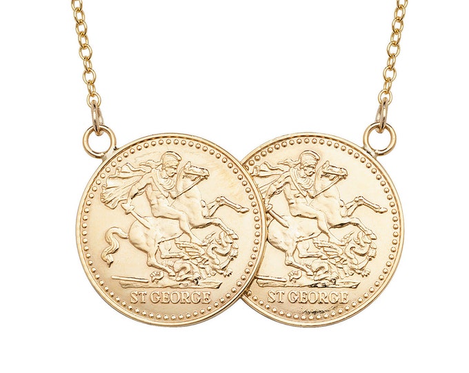 Solid 9ct Gold St George Double Half Sovereign Coin 16.5" Necklace - Solid 9K Gold