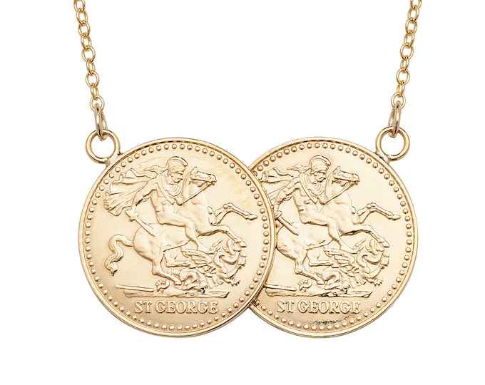 Solid 9ct Gold St George Double Half Sovereign Coin 16.5" Necklace - Solid 9K Gold