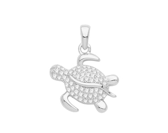 Rhodium Plated 925 Sterling Silver 18x14mm Pave Cz Sea Turtle Charm Pendant