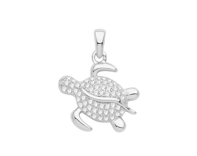 Rhodium Plated 925 Sterling Silver 18x14mm Pave Cz Sea Turtle Charm Pendant