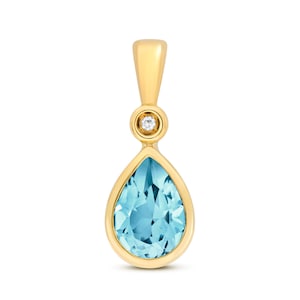 9ct Yellow Gold & Diamond 7x5mm Pear Cut Swiss Blue Topaz Pendant - Real 9K Gold
