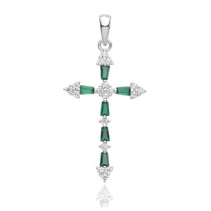 925 Sterling Silver Emerald Green Baguette & Round Cz Fancy Cross Pendant 3.4 H x 1.9cm W