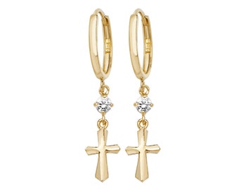 9ct Yellow Gold 10mm Hinged Hoop Earrings With Cz Cross Drop Charms - Real 9K Gold