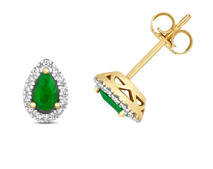 9ct Yellow Gold 5x3mm Pear Cut Emerald Stud Earrings 0.07ct Pave Diamond - Real 9K Gold