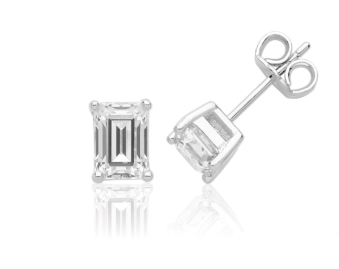 Solitaire 7x5mm Emerald Cut Claw Set Stud Earrings Rhodium Plated 925 Sterling Silver With Swarovski Cz