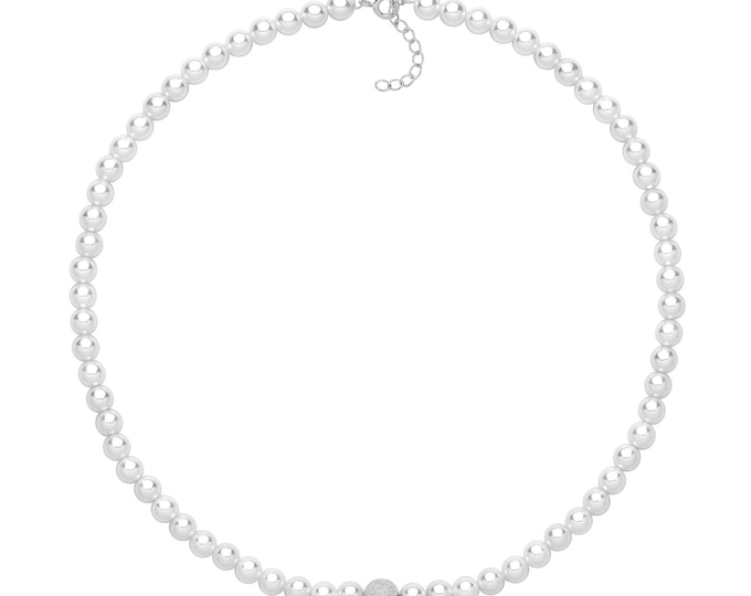 Sterling Silver 17.5" Shell Pearl & Glitter Ball Necklace Rhodium Plated