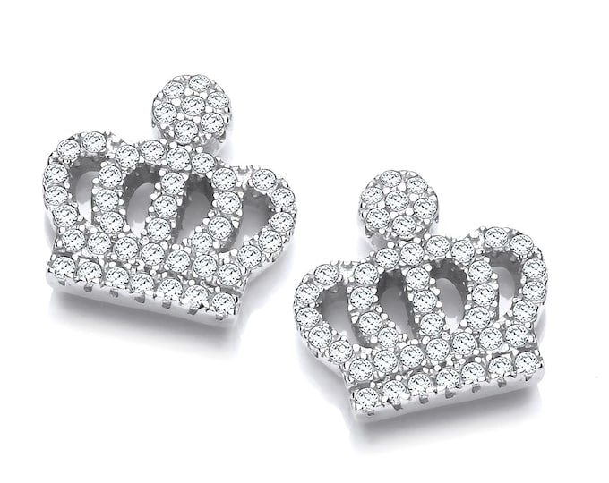 Jubilee Micro Pave Cz Crown Stud Earrings 925 Sterling Silver Rhodium Plated