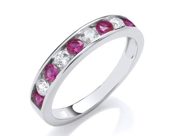 925 Sterling Silver 3mm Half Eternity Ruby Red Cz Channel Set Eternity Ring Rhodium Plated