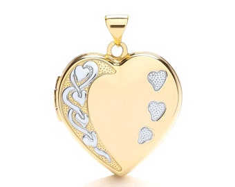 9ct 2 Colour Gold 2cm Heart Shaped 4 Photo Family Locket With Engraved Hearts Hallmarked - Real 9K Gold